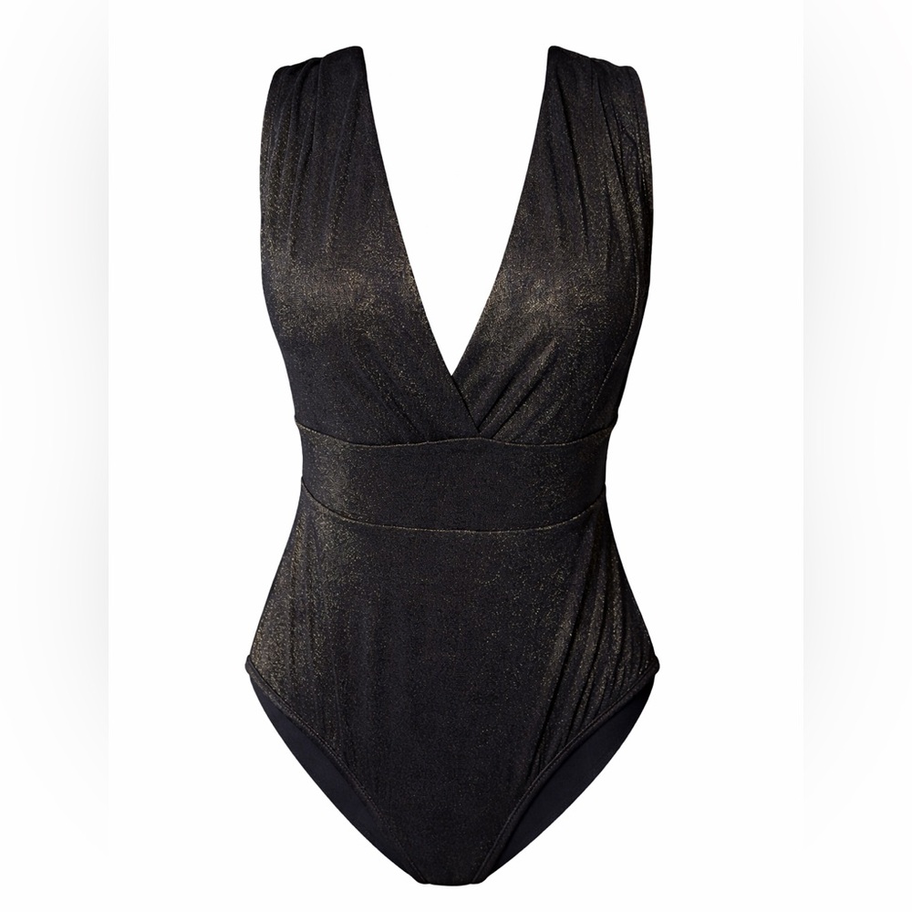 Heat NWT Swimwear Black Gold Shimmer Plunge‎ One Piece Swimsuit Glam- Large